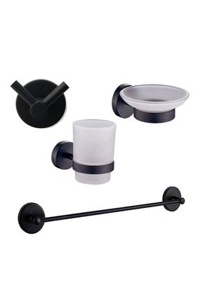 Siyah Banyo 4 Lü Set Diş Fırçalık, Sabunluk, Askılık, Uzun Havluluk LUX104