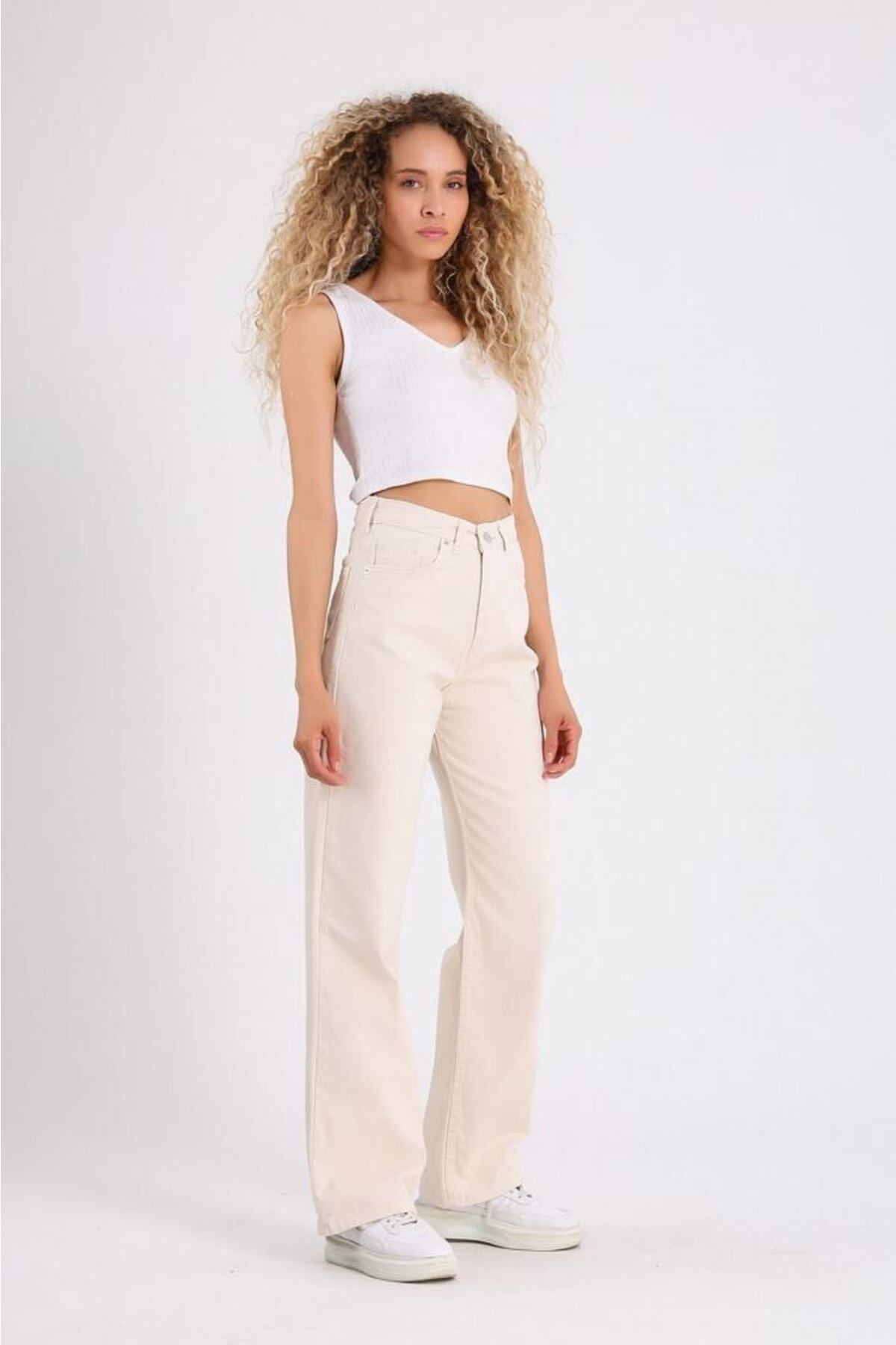 Gofeel-REDLO Unisex Cream Wide Leg Jeans Palazzo Jeans - RDLxyv46 5