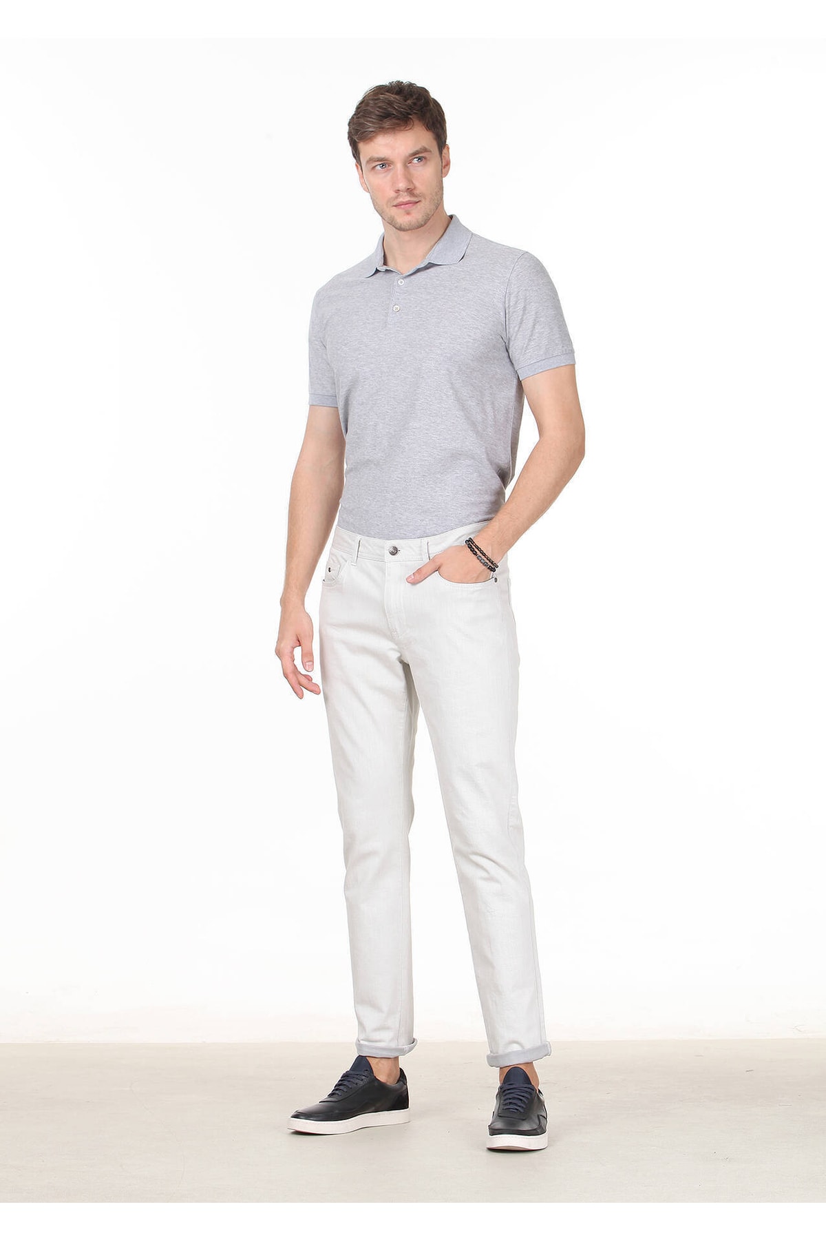 Ramsey Kırık Beyaz Düz Slim Fit Denim Pamuk Karışımlı Pantolon