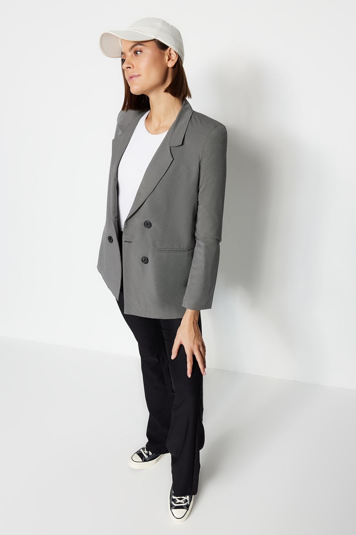 Trendyol Collection-Gray Regular Lined Buttoned Woven Blazer Jacket TWOAW23BC00017 3