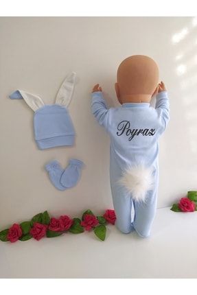 Isime Özel Tavşanlı Tulum Mavi Renk Erkek Bebek EKTULUM001