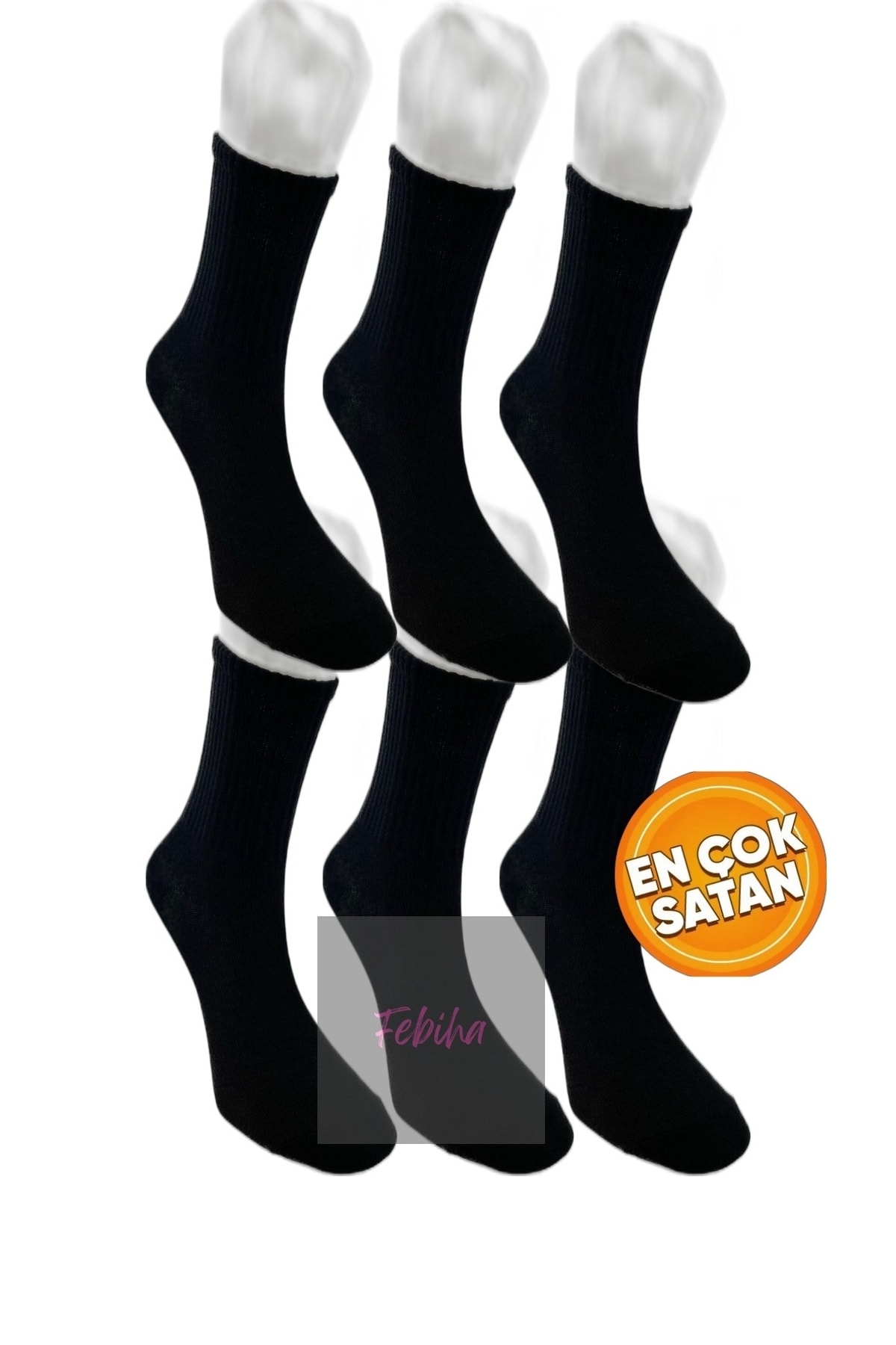 FEBİHA 6'lü Unisex Düz Kolej Çorap - Tenis Çorabı - Siyah Çorap