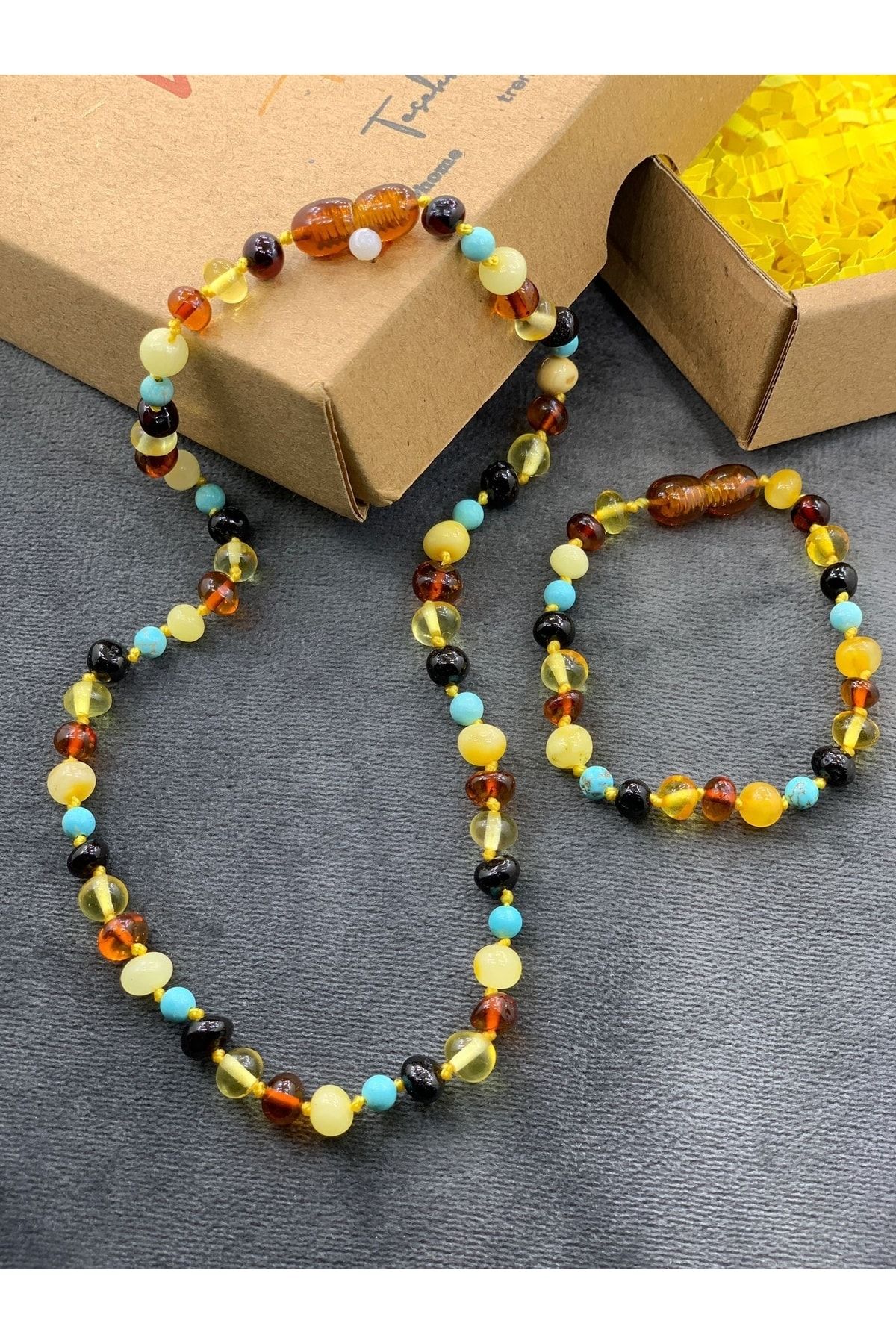 Unisex Firuzeli Sertifikalı Orjinal Litvanya Baltık Kehribar Bebek Kolye Bileklik Set