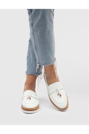 Amba Hakiki Deri Kadın Beyaz Loafer Ayakkabı Amba-1016.1162