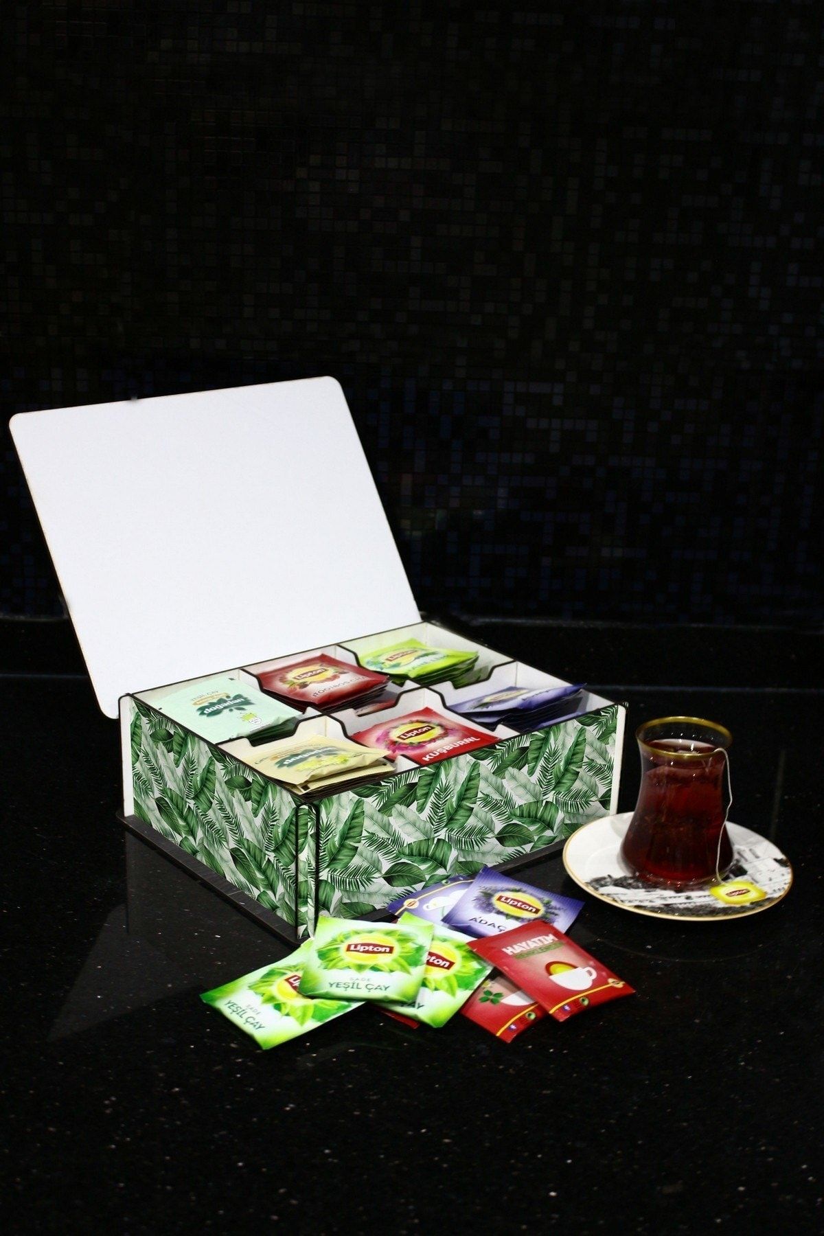 WuW-Tropical Leaf Patterned Letter D 6 Compartments Wooden Tea Coffee Storage Box 4