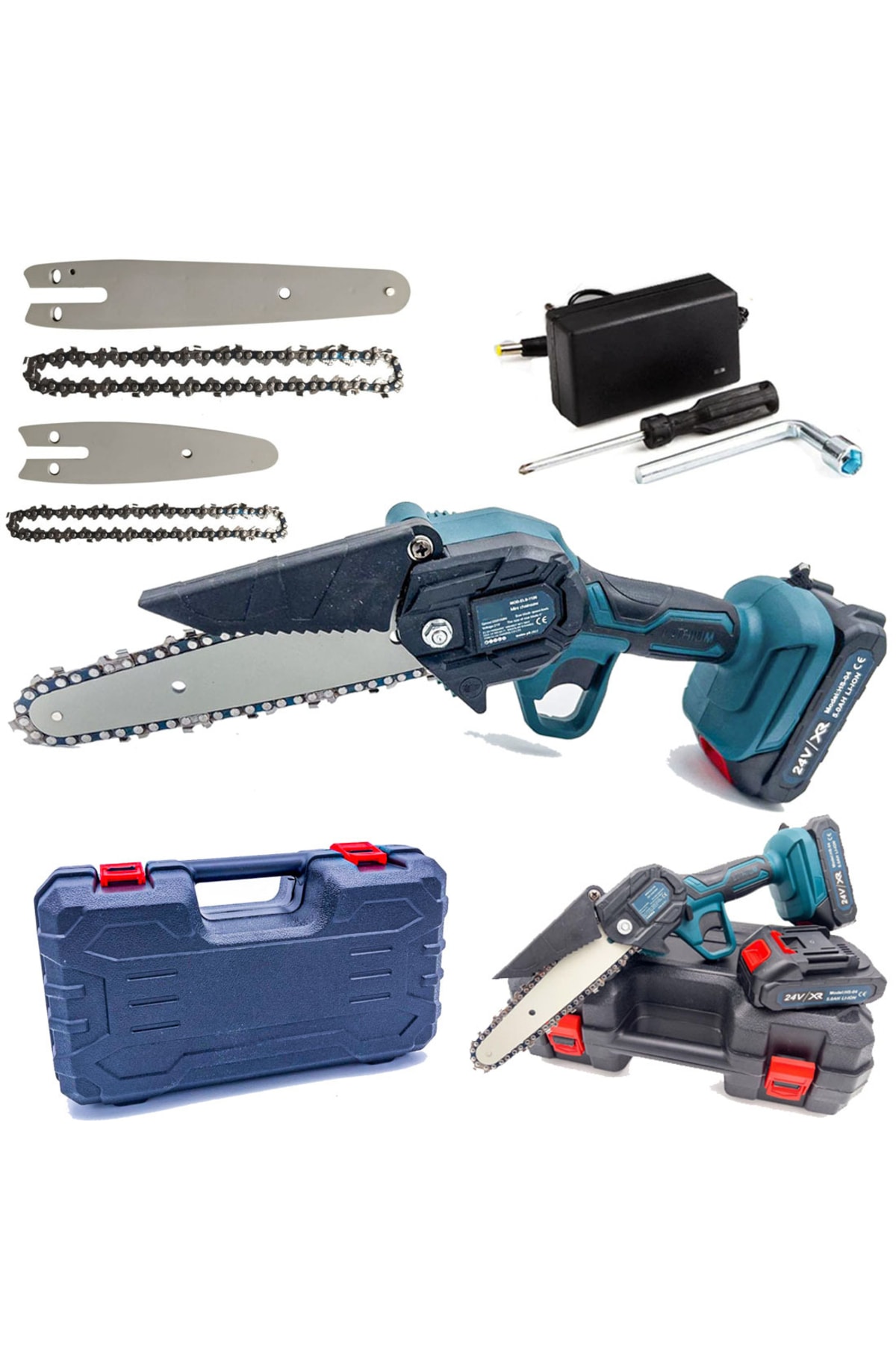 DEKO Turkey 24v 5ah 2000 W Çift Akülü 10-15 cm Uzun Kısa Pala 2x Zincir Şarjlı Dal Kesme Budama Bıçkı Testeresi