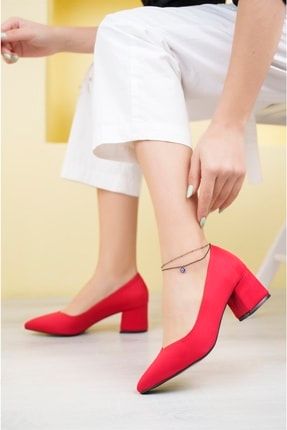Kırmızı Süet Kadın Şık Günlük Rahat Kısa Topuklu Ayakkabı Topuk Boyu 5cm 120937