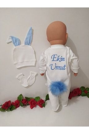 Isme Özel Tavşanlı Tulum Ekru Mavi Erkek Bebek EKN000004