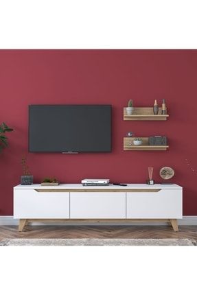 Rani D1 Duvar Raflı Tv Ünitesi Kitaplıklı Tv Sehpası Modern Ayaklı 180 Cm Beyaz - Sepet Ceviz M48 1058_3