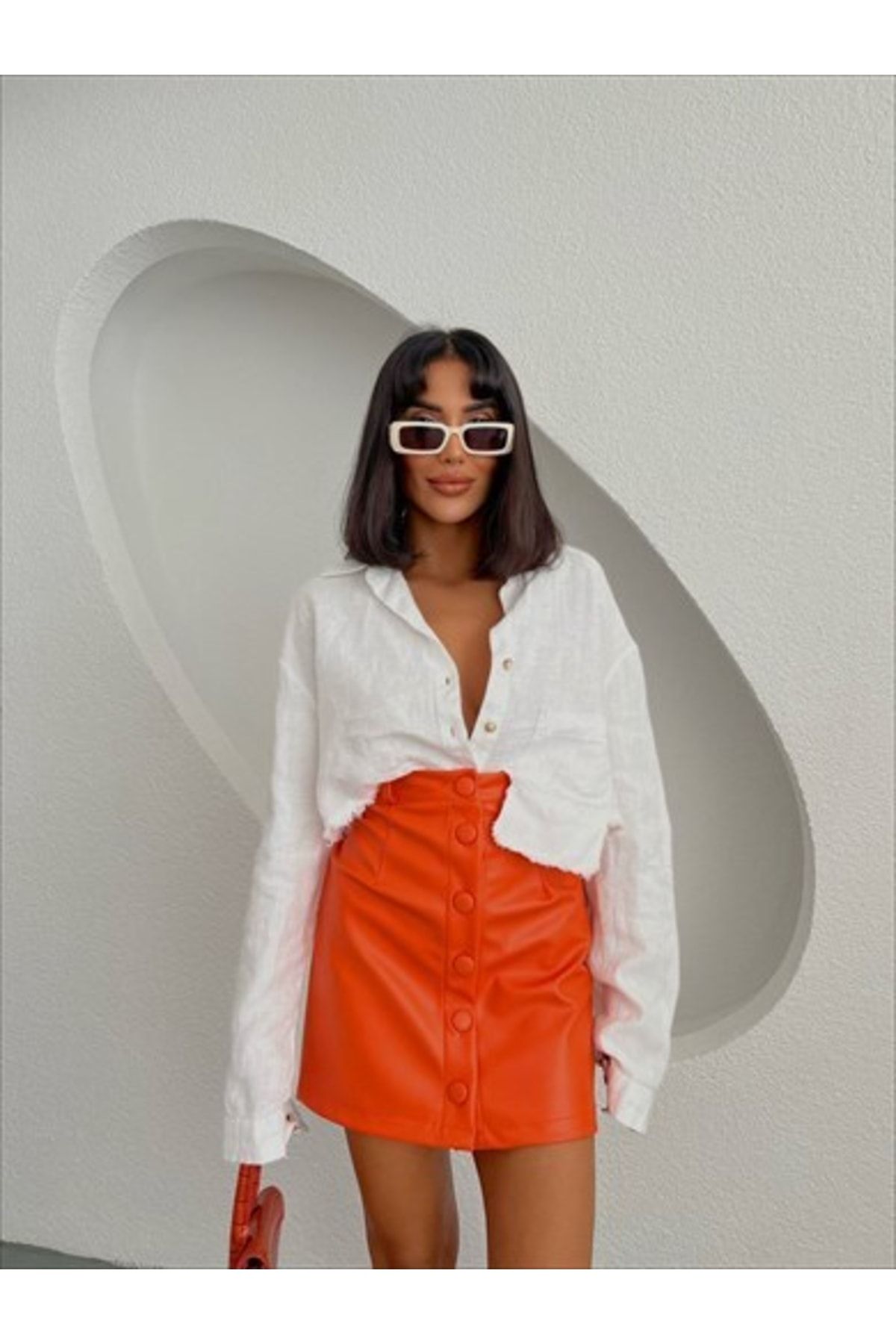 'Ello Kadın Düğme Detay Deri Mini Etek Orange