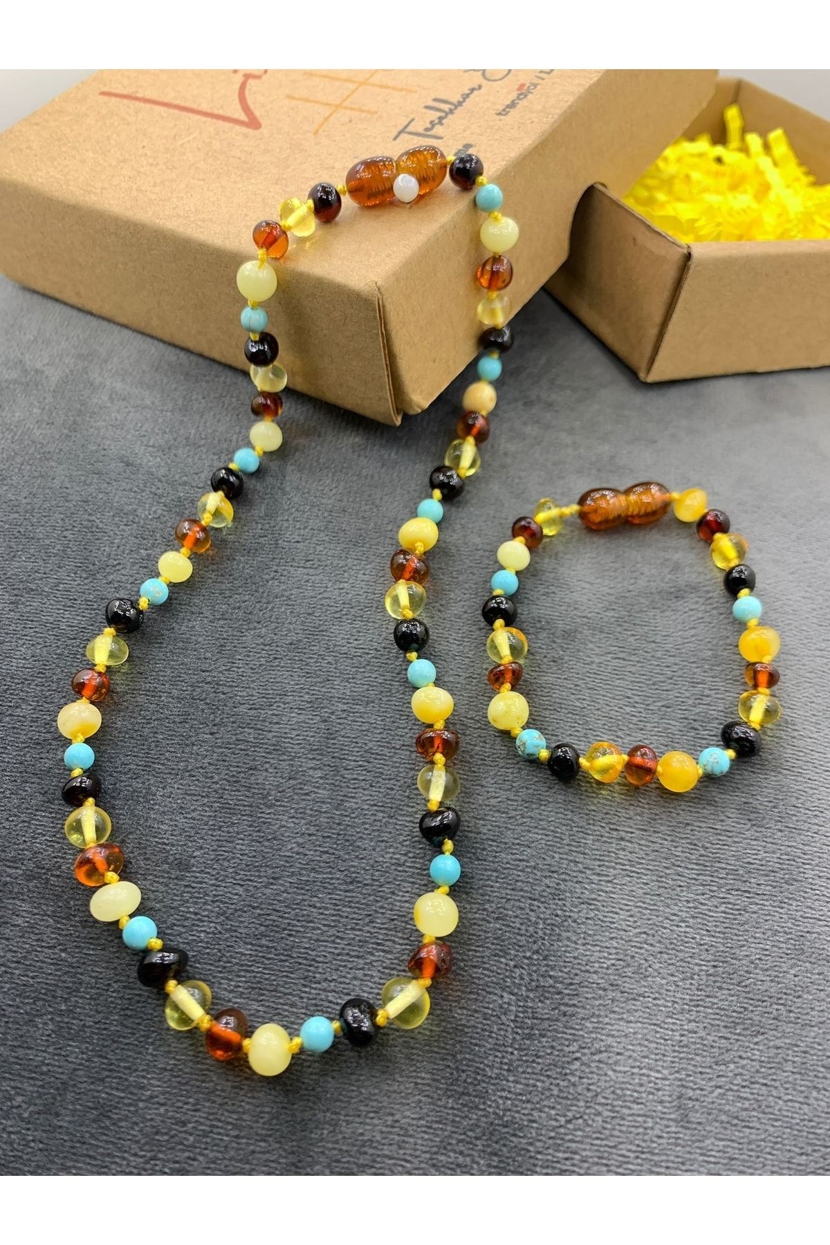 Unisex Firuzeli Sertifikalı Orjinal Litvanya Baltık Kehribar Bebek Kolye Bileklik Set