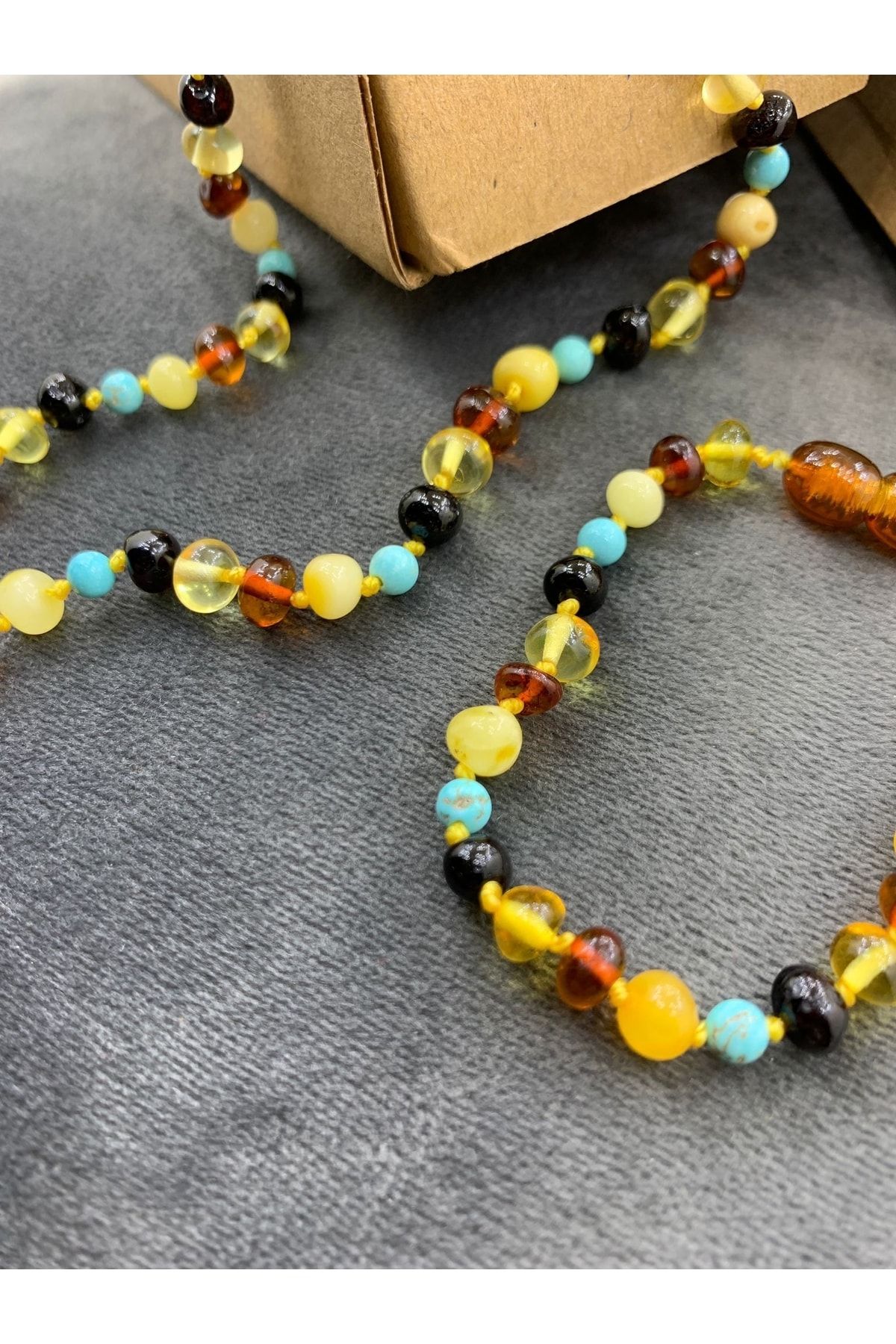 Unisex Firuzeli Sertifikalı Orjinal Litvanya Baltık Kehribar Bebek Kolye Bileklik Set
