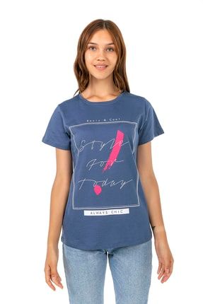 Kadın Mavi Penye Yazı Baskılı T-shirt TBM-1852211177