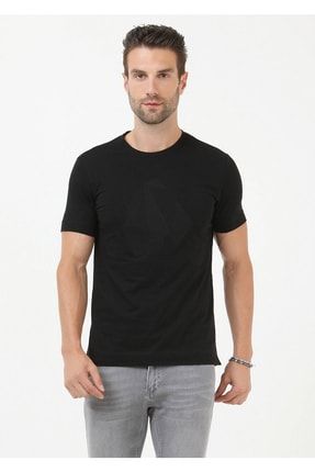 Siyah Baskılı Bisiklet Yaka Pamuk Karışımlı T-shirt 156761