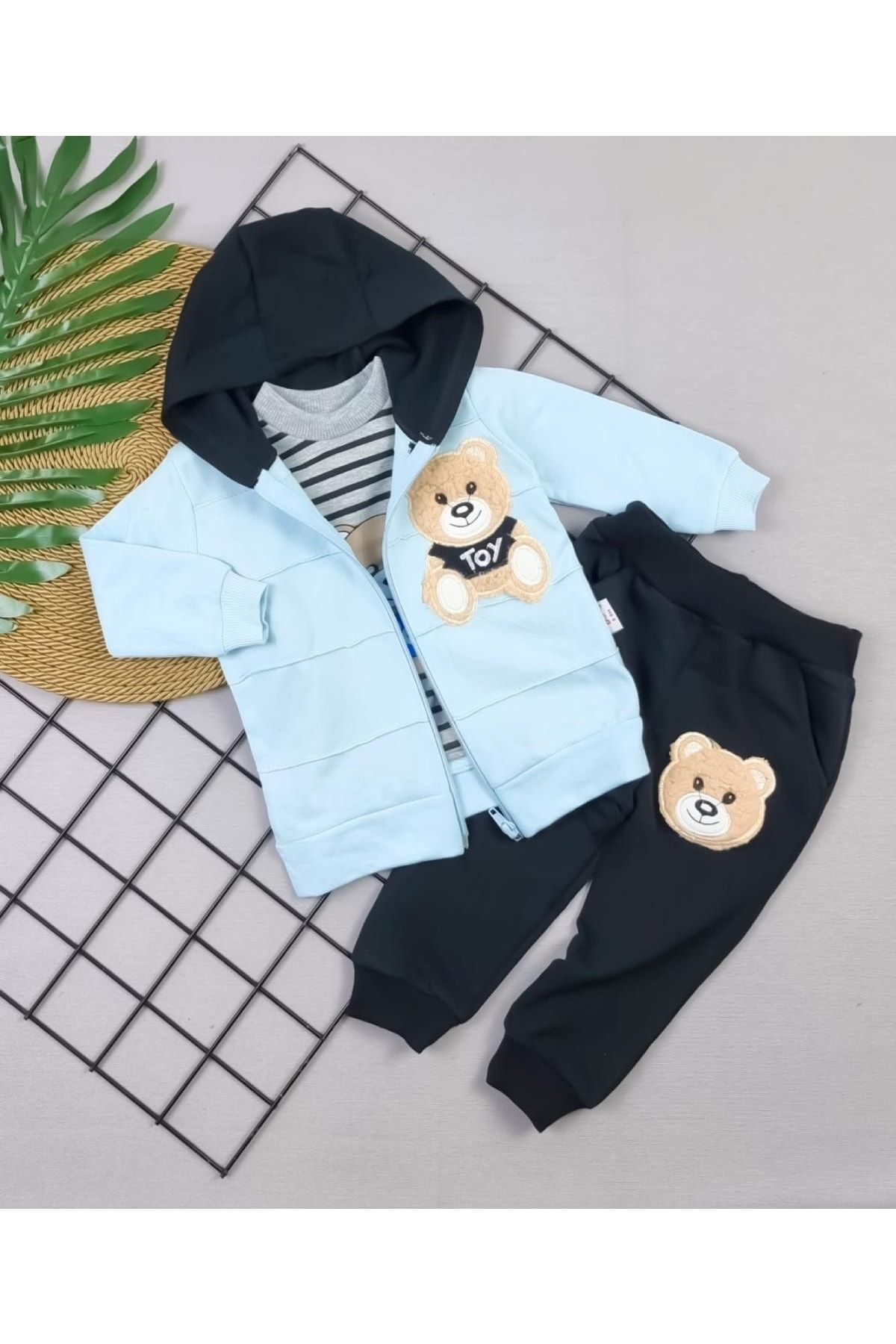Beren Kids Ayıcık Desenli Kapşonlu Turkuaz 3'lü Bebek Alt Üst Takım