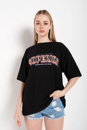 Kadın Siyah Superior Baskılı Oversize T-shirt TW-SUPERIOR