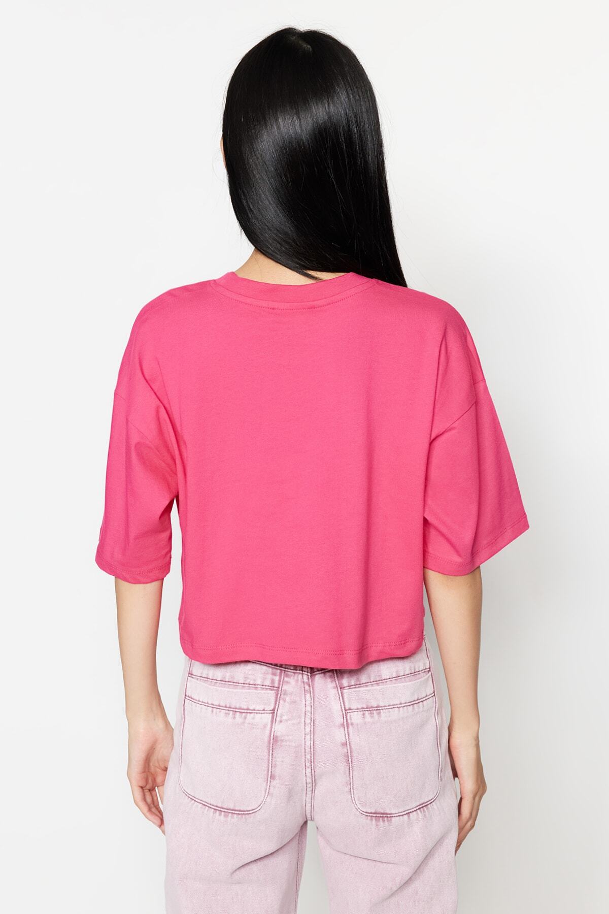 Trendyolmilla  Fuşya Relaxed/Rahat Kalıp %100 Kalın Pamuklu Crop Örme T-Shirt TWOSS23TS00038 - Görsel 5