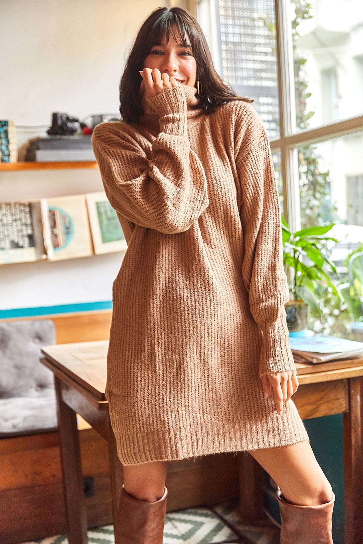 Olalook Women s Camel Turtleneck Soft Textured Knitwear Tunic