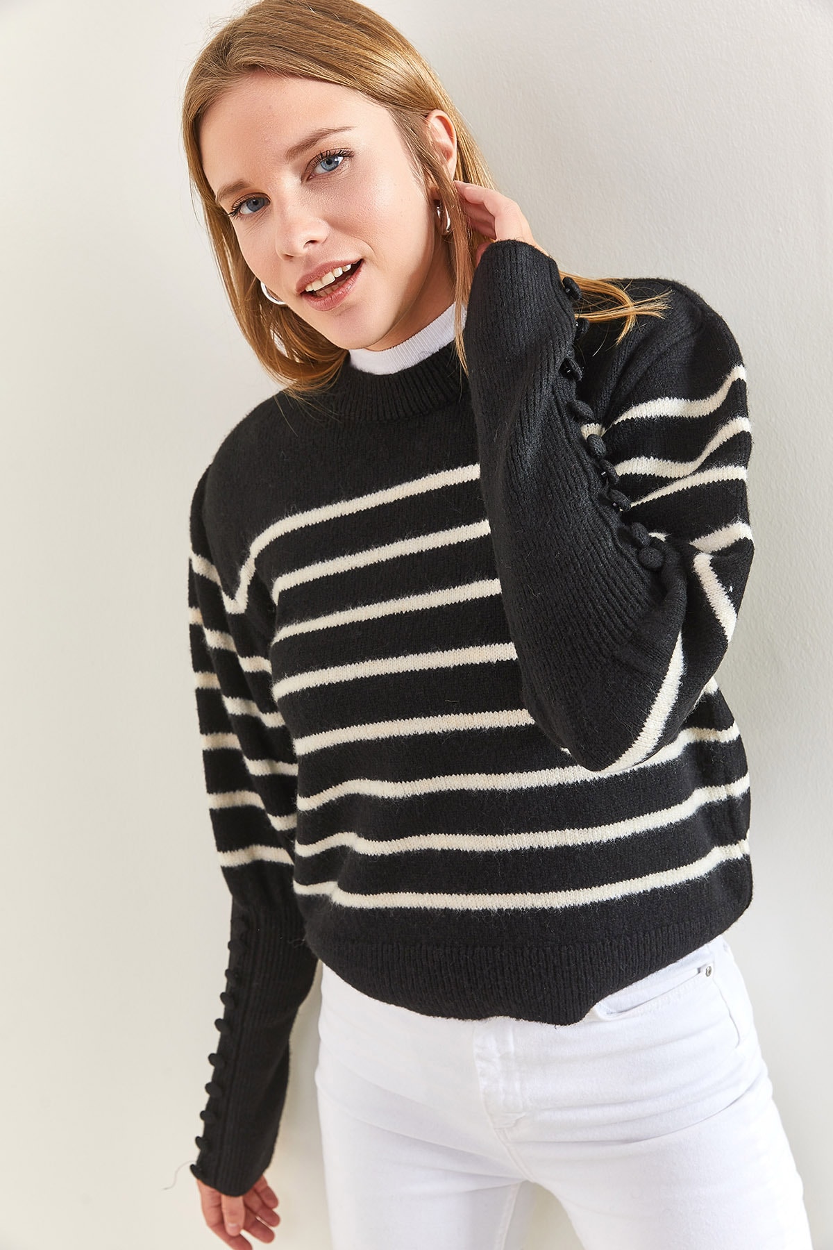 Bianco Lucci Damski sweter z dzianiny w paski ze spinkami do mankietów
