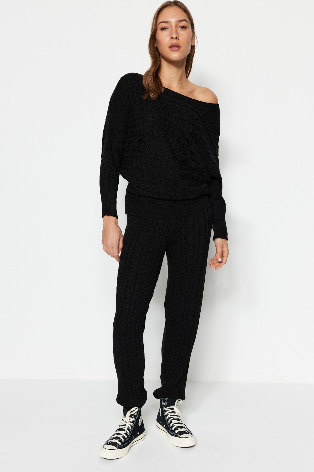 Trendyol Collection Set Tricotaje Împletite Păr Negru Pentru Partea De Sus Și De Jos Femeie - S