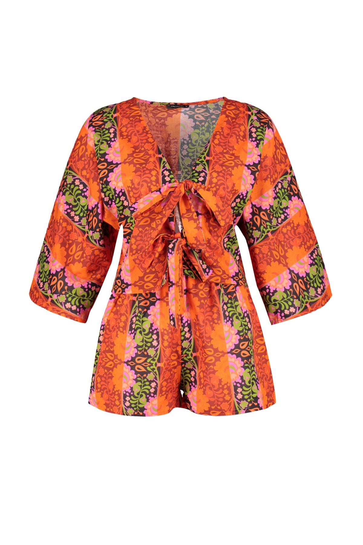 Trendyol Collection-Floral Pattern Woven Tie-Up 100% Cotton Blouse Shorts Set 6