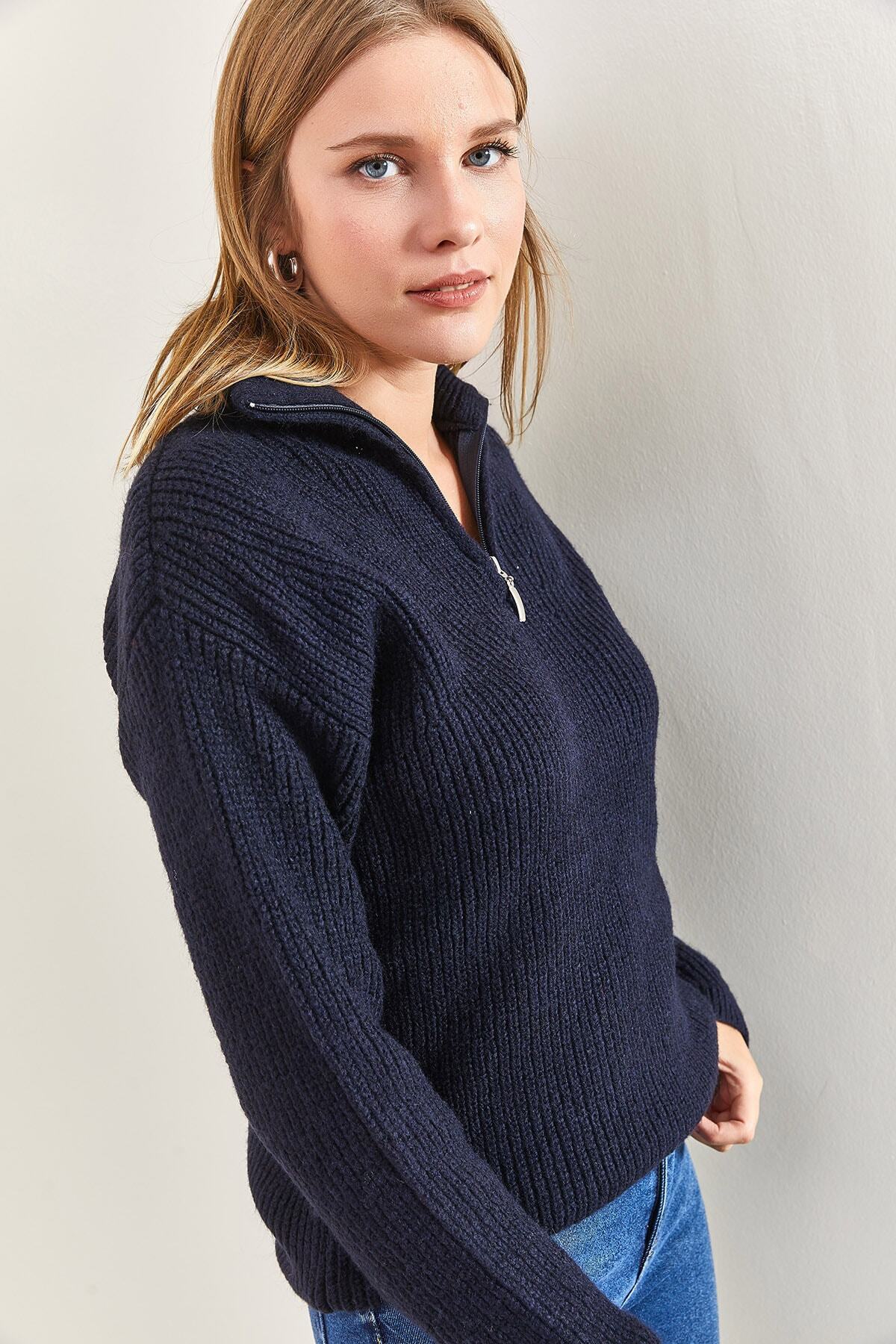 Bianco Lucci  Kadın Fermuarlı Balıkçı Yaka Oversize Triko Kazak 20223202 - Görsel 5