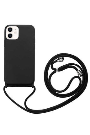 Apple Iphone 12 Ile Uyumlu Kılıf Ropix Liquid Içi Kadife Ipli Askılı Silikon Siyah SKU: 210268