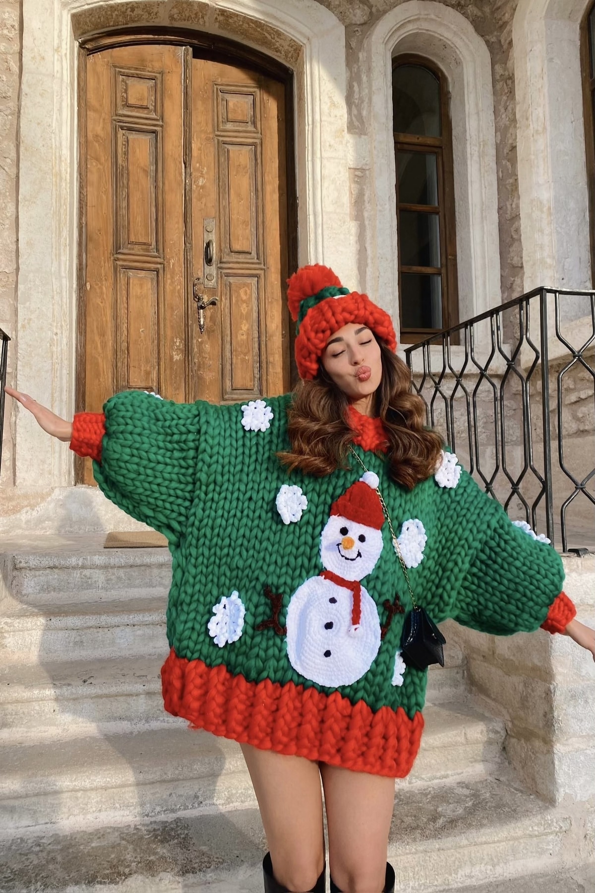 HEYAYS Snowman El Örgüsü Kazak Elbise + Bere Takımı OH7593