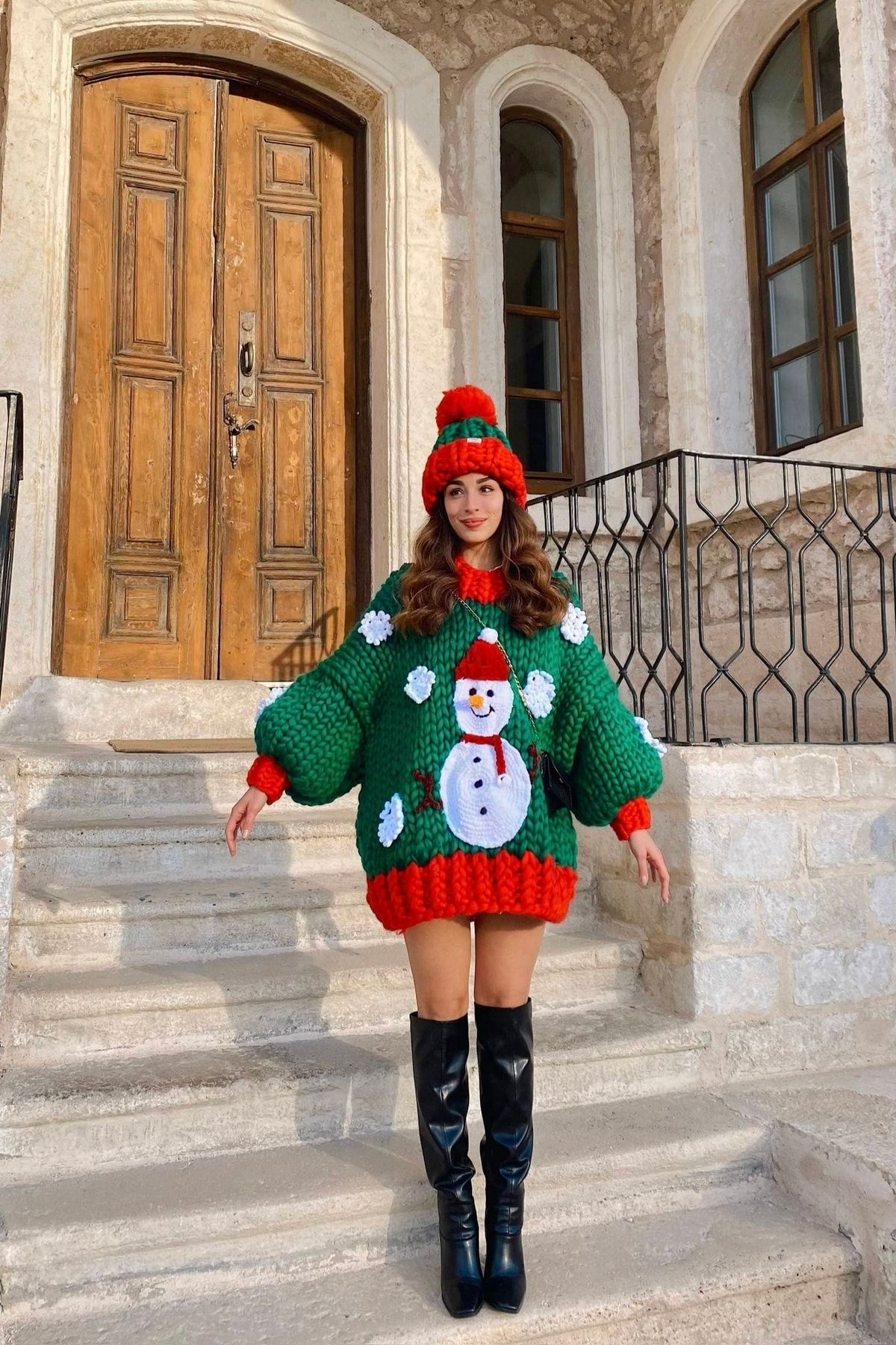 HEYAYS Snowman El Örgüsü Kazak Elbise + Bere Takımı OH7593
