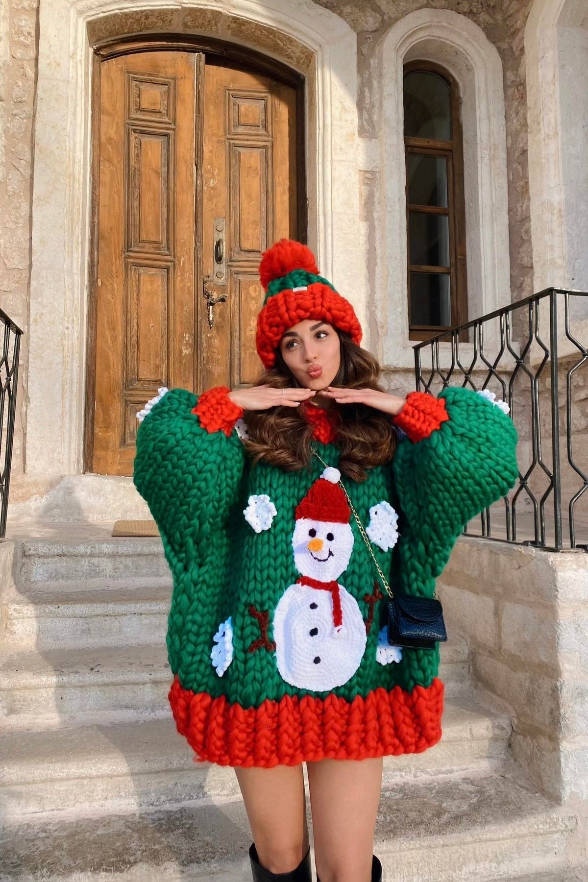 HEYAYS Snowman El Örgüsü Kazak Elbise + Bere Takımı OH7593
