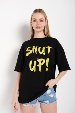 Kadın Shut Up Siyah Baskılı Oversize Tshırt FBGSOBT-120-YENI