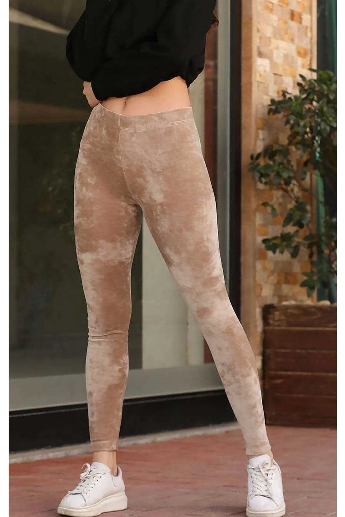 MB MODA B Z MLE Modabizimle Women s Beige High Waist Velvet Leggings