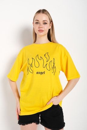 Kadın Sarı Angel Baskılı Oversize T-shirt TW-ANGEL