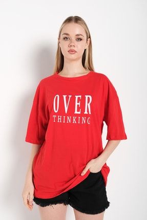 Kadın Kırmızı Over Thinking Baskılı Oversize T-shirt TS-OVERTHİNK