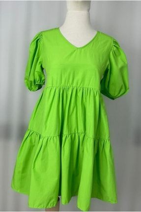 Poplin Kumaş Kloş Sırtı Açık Yeşil Elbise D125668