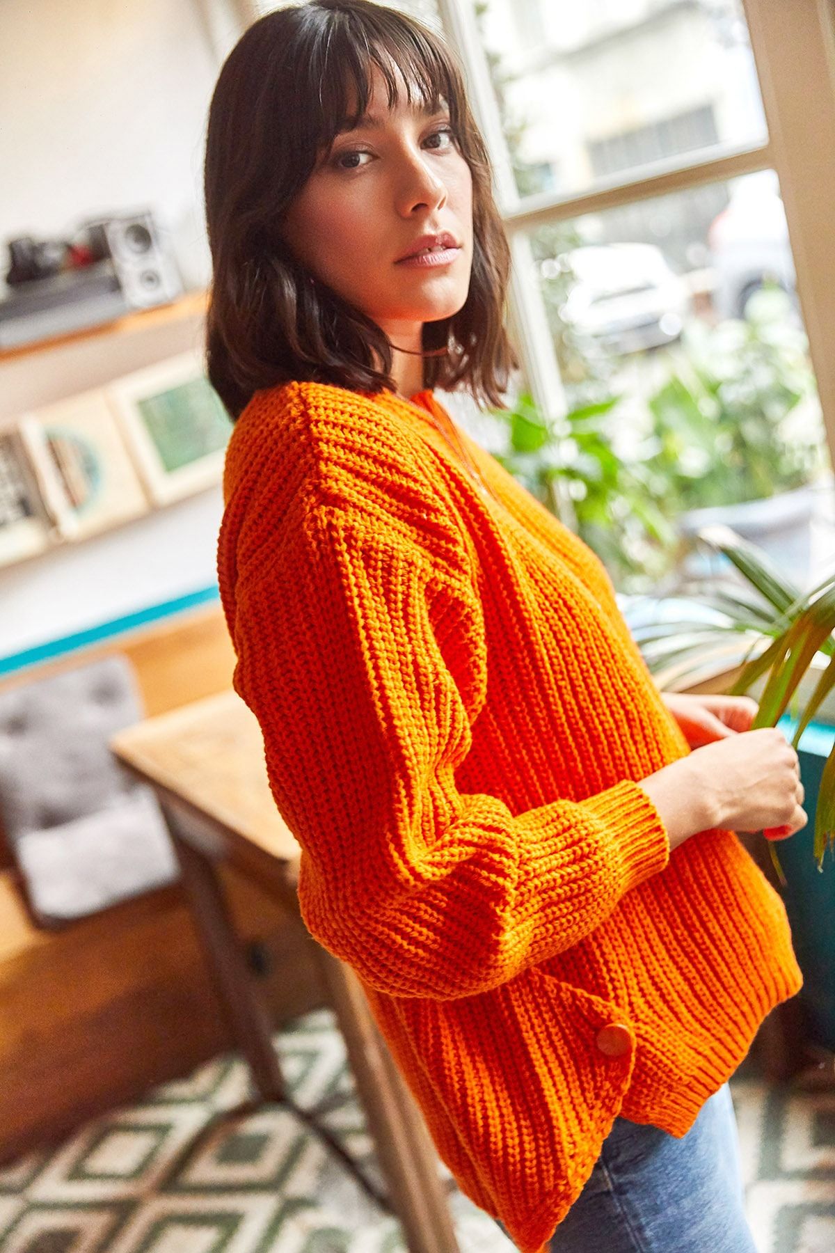 Orange balloon sleeve sweater discount
