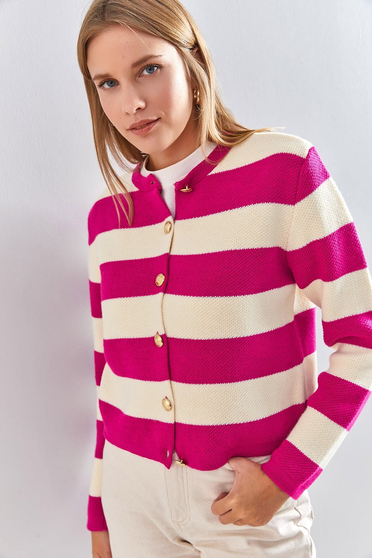 Bianco Lucci-Women's Metal Buttoned Thick Striped Knitwear Cardigan 7
