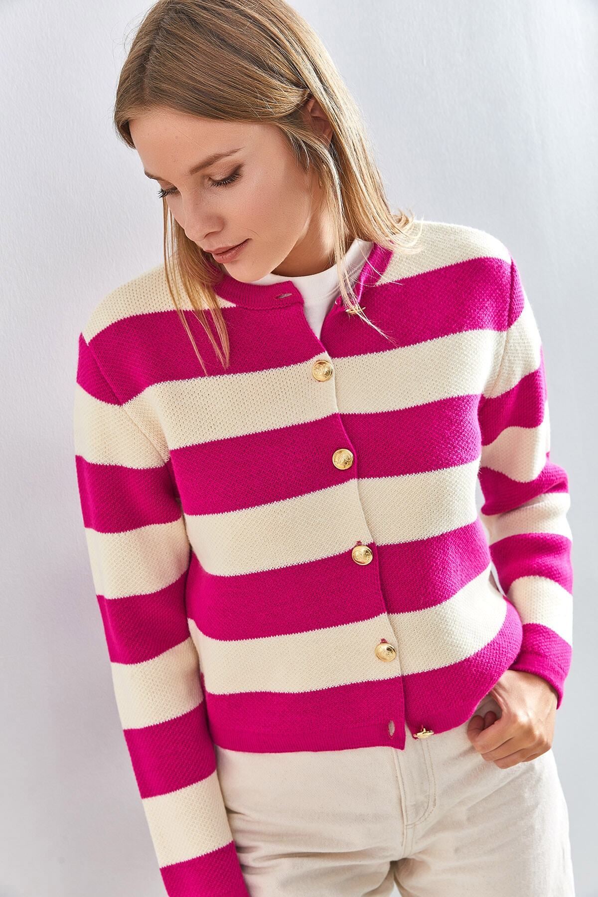 Bianco Lucci-Women's Metal Buttoned Thick Striped Knitwear Cardigan 8