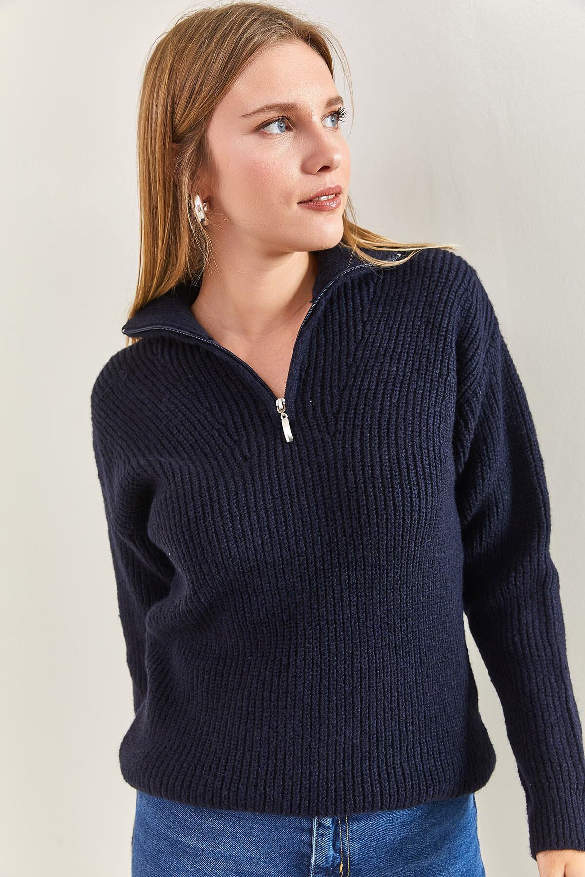 Bianco Lucci  Kadın Fermuarlı Balıkçı Yaka Oversize Triko Kazak 20223202 - Görsel 4