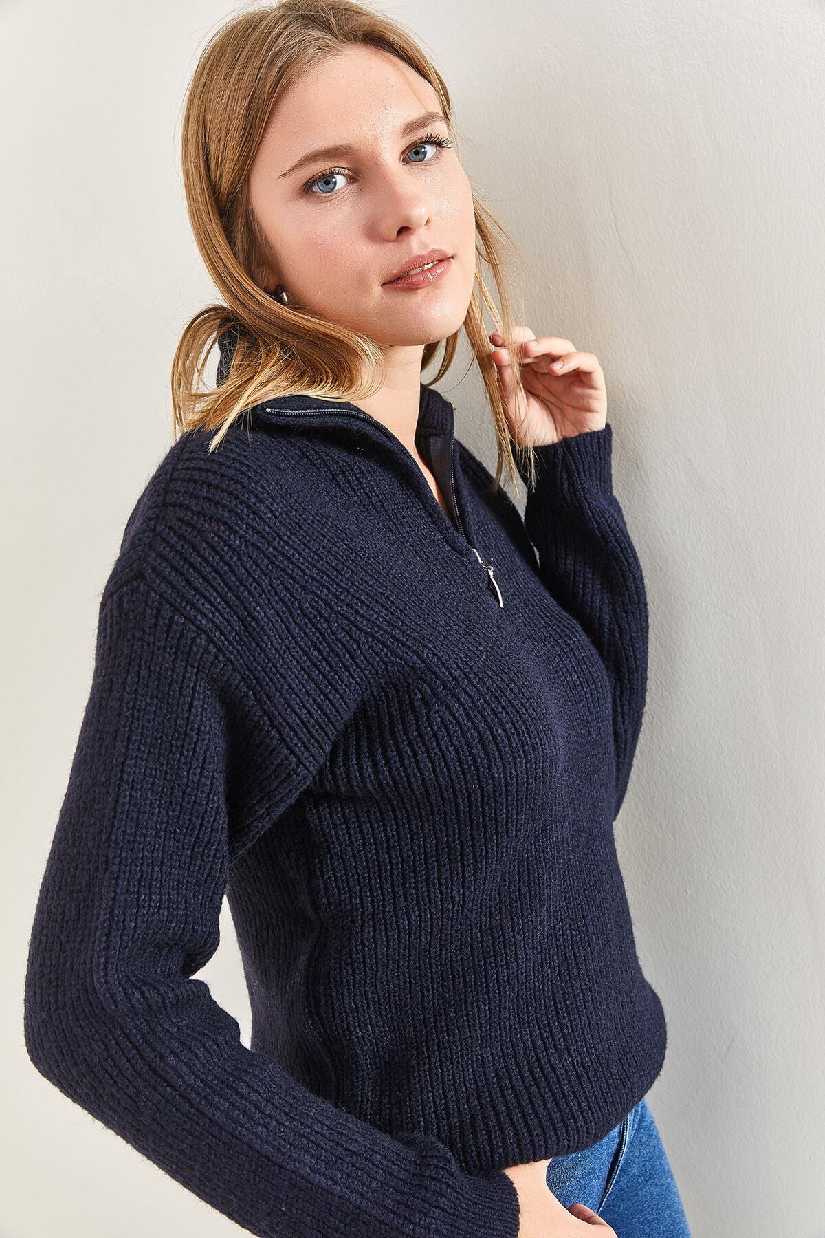 Bianco Lucci  Kadın Fermuarlı Balıkçı Yaka Oversize Triko Kazak 20223202 - Görsel 6