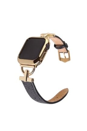 Apple Watch 7 45mm Krd-53 Deri Kordon Leather Exclusive Band Siyah-gold SKU: 394316