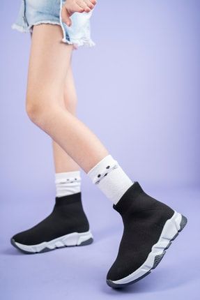 Unisex Çocuk Siyah Beyaz Triko Bilekli Çorap Bot Ayakkabı Günlük Streç Konforlu Sneaker 225601