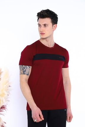 Bordo Erkek Slim Fit Pamuklu Kısa Kollu Bisiklet Yaka T-shirt CC-0831