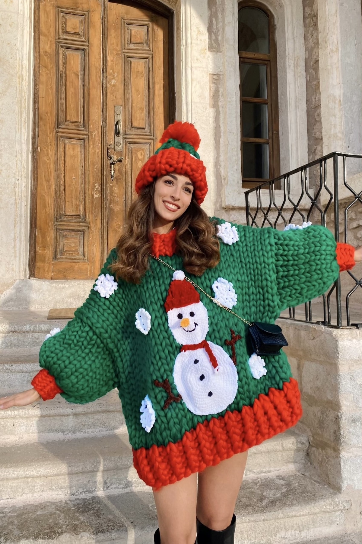 HEYAYS Snowman El Örgüsü Kazak Elbise + Bere Takımı
