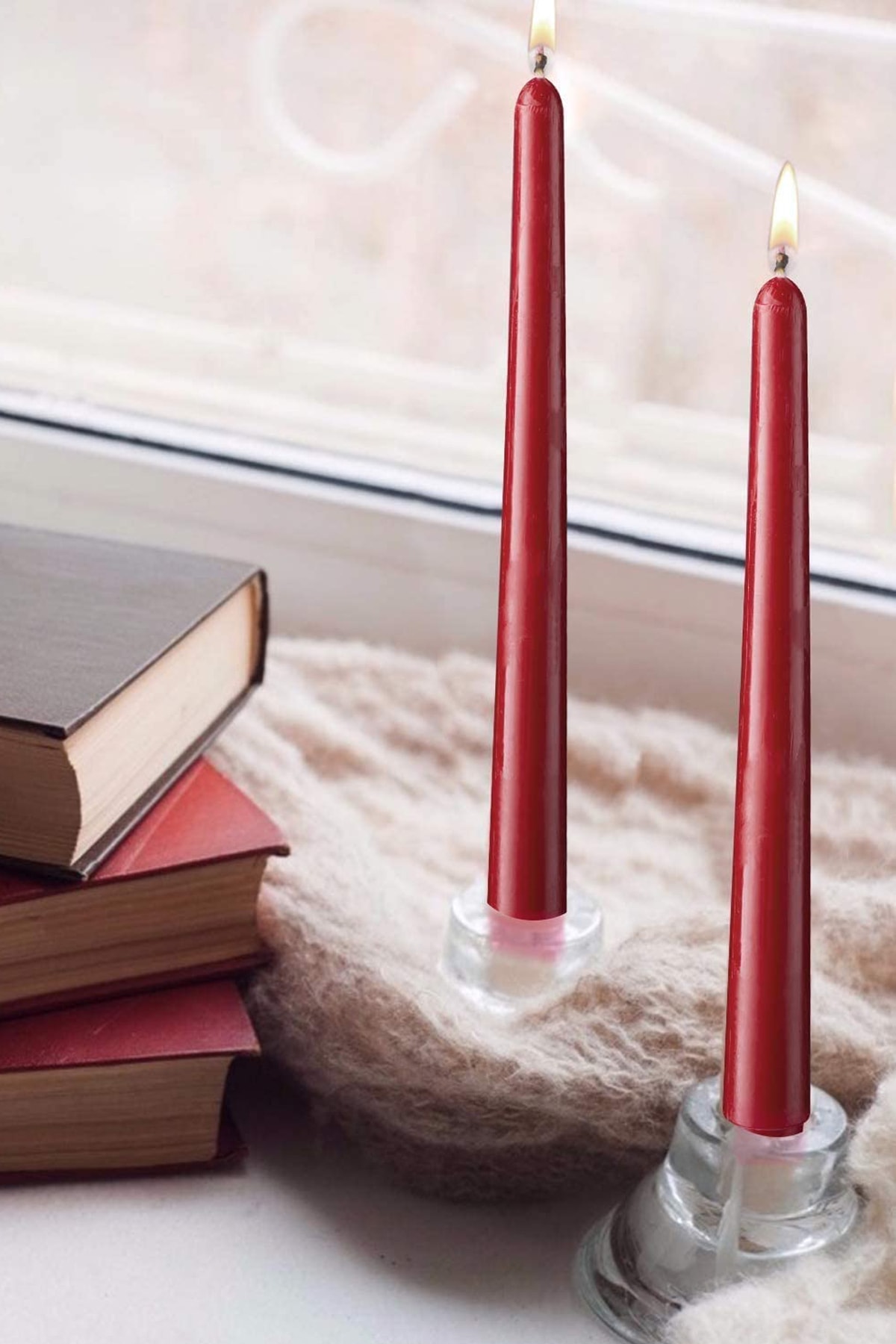 4pcs Candlestick Candle Metallic Red Christmas Themed Slim Long Taper Candle 25cm