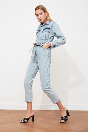 trendyolmilla mavi baglama detayli denim tulum twoss20tu0087 fiyati yorumlari trendyol