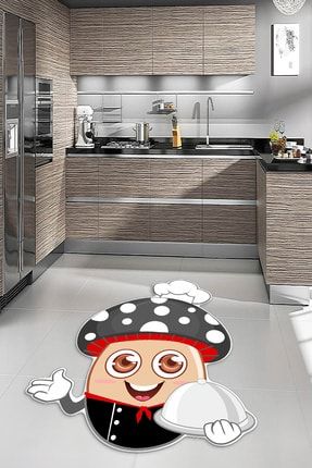 Bely Dijital Baskılı Kaymaz Taban Yıkanabilir Gri Mantar Şapkalı Desenli Mutfak Halısı BL00031
