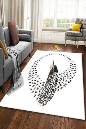 Bely Dijital Baskılı Kaymaz Taban Yıkanabilir Beyaz Zeminli Kuş Tüyü Desenli Salon Halısı BL00033