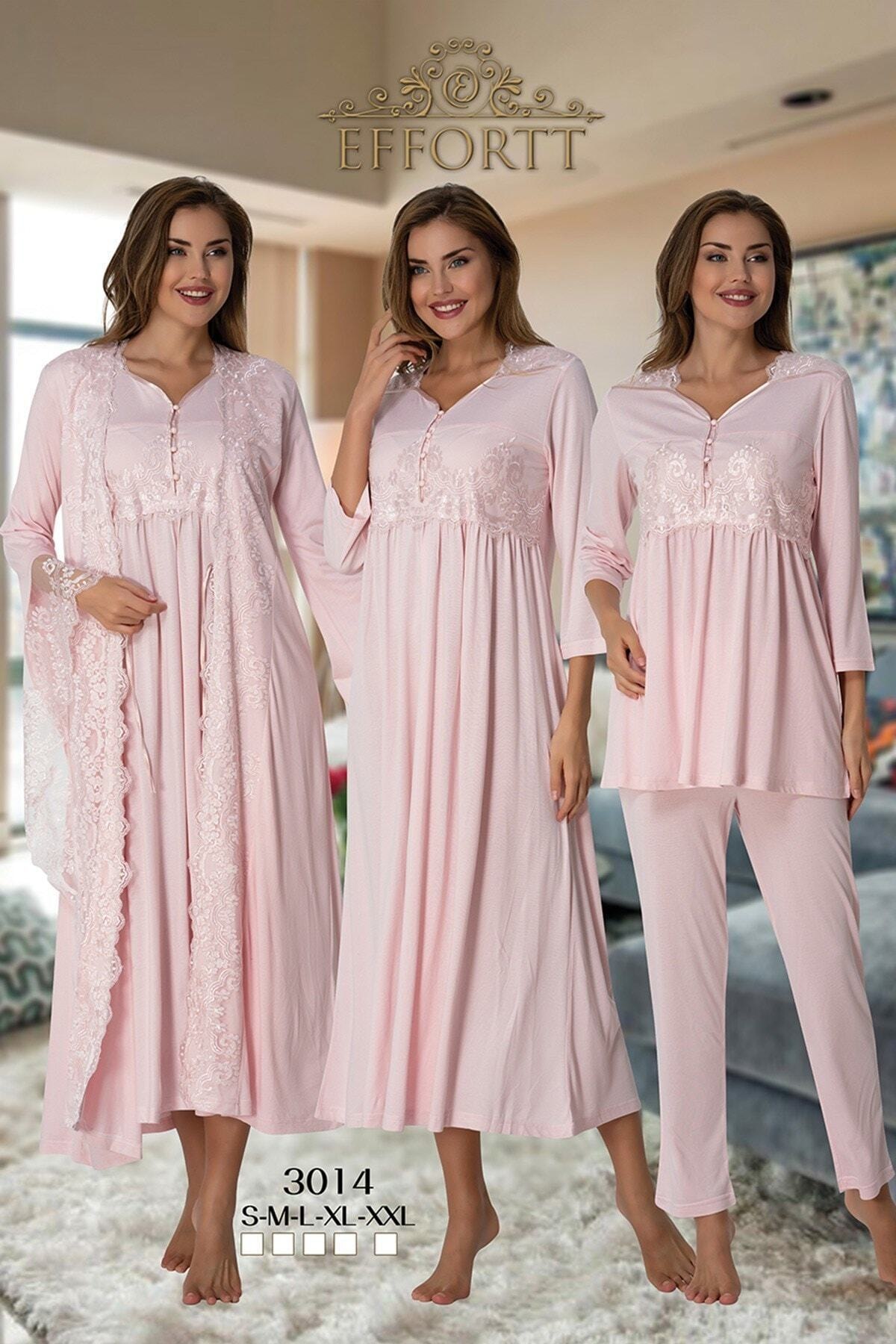 Genel Markalar Effortt Kadın Pembe Lohusa Hamile Özel Tasarım Sabahlık Gecelik Pijama Takımı 4'lü Set 3014