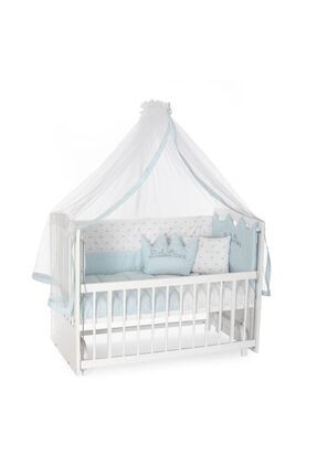 Ahşap Beşik Anne Yanı Beşik Sallanır Beşik Beyaz 60x120 + Mavi Prens Uyku Seti + Yatak 1-BYZ60X120MN